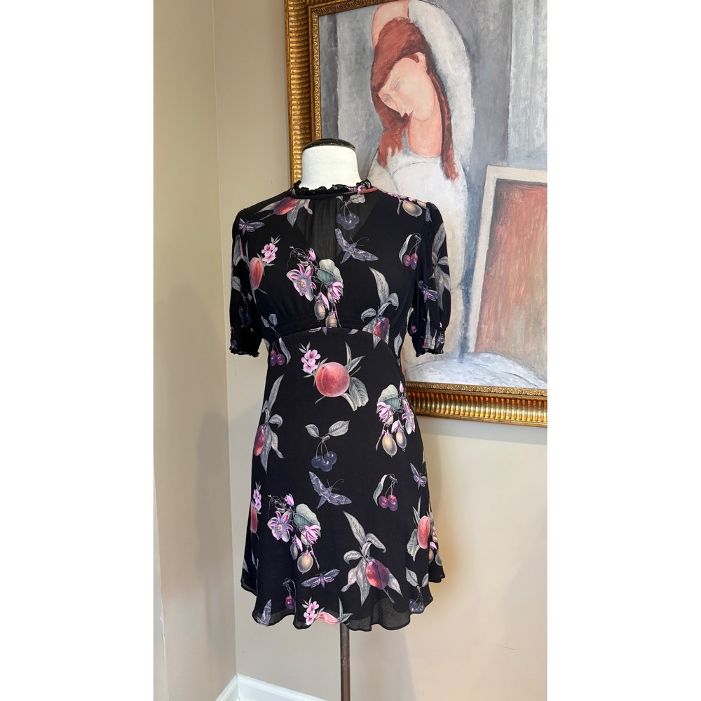 AllSaints Black Botanical Fruit Moth Print Cutout Back Ruffle Mini Dress US 8